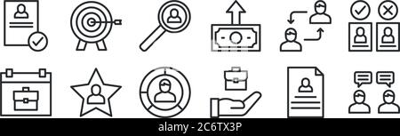 ensemble de 12 icônes de contour mince telles que l'entrevue, la carrière, favori, la collaboration, le recrutement, cible pour le web, mobile Illustration de Vecteur
