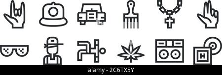 ensemble de 12 icônes de contour mince telles que lp, marijuana, rappeur, collier, voiture, rap pour le web, mobile Illustration de Vecteur