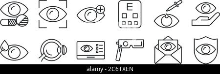 ensemble de 12 icônes de contour mince telles que l'assurance des yeux, le multiestenope, la lentille de contact, la pipette, l'hyperopie, la mise au point pour le web, mobile Illustration de Vecteur