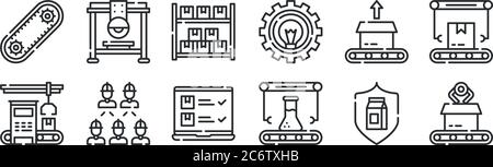 jeu de 12 icônes de contour mince telles que paquet, flacon, ouvriers, unboxing, entrepôt, pont scie pour web, mobile Illustration de Vecteur