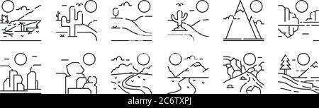 ensemble de 12 icônes de contour mince comme l'hiver, la toundra, le rock, la montagne, les collines, cactus pour le web, mobile Illustration de Vecteur