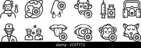 ensemble de 12 icônes de contour mince telles que le renard, l'oeil, la transmission de virus, vaccin, snot, monde entier pour le web, mobile Illustration de Vecteur