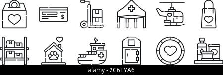 ensemble de 12 icônes de contour mince telles que la nourriture, les toilettes publiques, abri pour animaux, hélicoptère, chariot de livraison, vérifier la toile, mobile Illustration de Vecteur