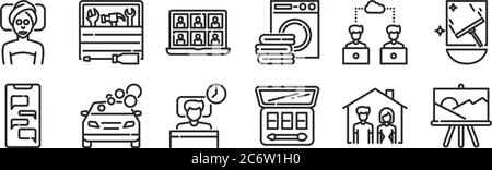 ensemble de 12 icônes de contour mince telles que toile de peinture, cosmétiques, lavage de voiture, travail, séminaire, boîte à outils pour le web, mobile Illustration de Vecteur