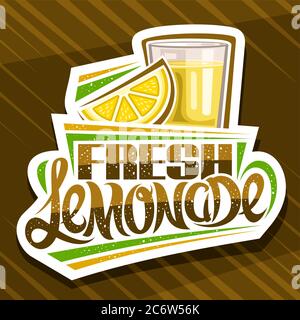 Logo vectoriel pour limonade fraîche, panneau en papier découpé décoratif avec illustration de la tranche de citron et de la limonade en verre, concept de fruits avec lettrage unique Illustration de Vecteur