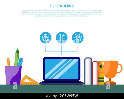 Illustration vectorielle des cours en ligne de la plate-forme d'apprentissage électronique sur un ordinateur portable. Illustration de Vecteur
