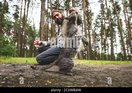 Un homme joue avec un chat tabby gris. Cat fait un tour. Banque D'Images