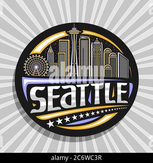 Logo Vector pour Seattle, badge décoratif noir avec illustration du paysage moderne de la ville de seattle sur fond ciel nocturne, design artistique touristique f Illustration de Vecteur