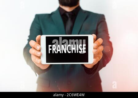 Affiche textuelle indiquant la franchise. Photo d'entreprise présentant une autorisation accordée à un individu ou à un groupe par un modèle gouvernemental montrant un cri noir Banque D'Images