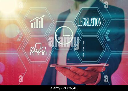 Législation sur la rédaction de textes. Photo d'affaires présentant une loi proposée par un gouvernement et rendue légale par un Parlement grilles et différent mise en place de t Banque D'Images