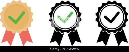 Ensemble de couleurs et de noir certifié ou approuvé icône de médaille de qualité avec ruban et coche. Icône vectorielle simple et plate eps10 pour applications et sites Web. Illustration de Vecteur