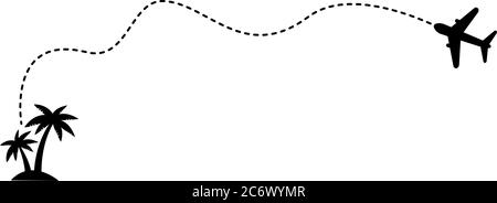 Concept de voyage en avion avec île tropicale avec palmier et icône en pointillés. Point de fin du vol vers une destination exotique. Avions et Illustration de Vecteur