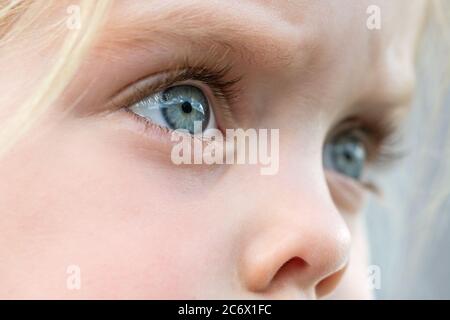 Gros plan des yeux bleus d'un bel enfant blond Banque D'Images