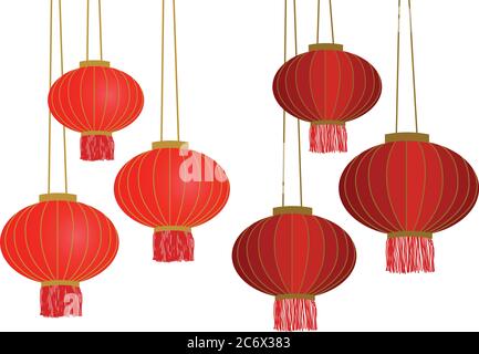 Ensemble de plusieurs lanternes chinoises rouges traditionnelles suspendues isolées sur fond blanc, illustration vectorielle plate EPS 10. Élément de conception pour la nouvelle année Illustration de Vecteur