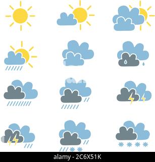 ensemble de prévisions météo icône dans simple style plat soleil nuage ciel pluie pluie pluie lourde thunder neige collection de vecteur Illustration de Vecteur