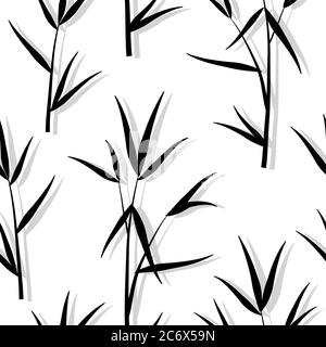 Motif décoratif carré sans couture avec feuilles de bambou noir et branches de pousses dans le style japonais, fond blanc. Illustration du vecteur eps 10 Illustration de Vecteur