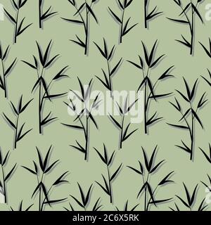 Motif sans couture avec feuilles de bambou noir et branches de pousses de style japonais, fond vert. Illustration du vecteur eps 10 Illustration de Vecteur