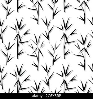 Motif sans couture avec feuilles de bambou noir et branches de pousses de style japonais, fond blanc. Illustration du vecteur eps 10 Illustration de Vecteur