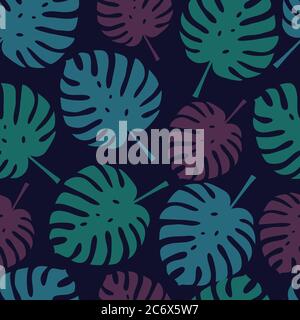 Motif décoratif sans couture avec feuilles de palmier tropicales Monstera deliciosa vertes, bleues et violettes isolées sur fond sombre. Vector eps10 arrière-plan Illustration de Vecteur