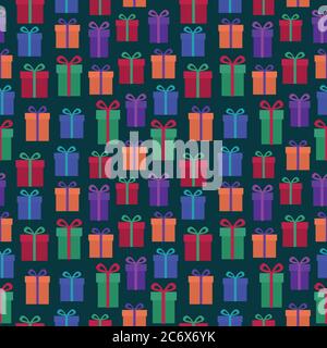 Motif Noël et joyeux nouvel an sans coutures avec boîtes cadeau rouge bleu orange et violet, cadeau de noël sur fond vert. Rétro tendance Illustration de Vecteur