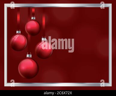 Carte de vœux de Noël avec boules de noël en verre rouge réalistes. boules 3d suspendues sur un ruban en soie de cadre argenté. Vecteur eps10 Illustration de Vecteur