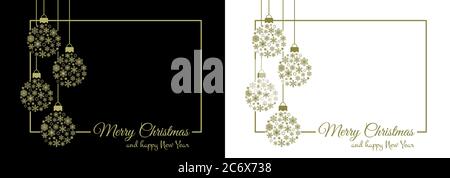 Joyeux Noël texte carte de voeux cadre ensemble avec boules de noël suspendues boules de boules décorées de flocons de neige, étoiles et lumières dorées sur noir et blanc Illustration de Vecteur