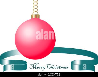 boule de noël rouge sur chaîne dorée avec ruban de soie vert et signe joyeux noël isolé sur fond blanc illustration vectorielle Illustration de Vecteur