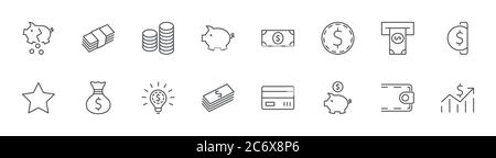 Icônes de ligne liées à l'argent. Icônes Sac d'argent, Banque , Portefeuille, ATM. Contour modifiable Illustration de Vecteur