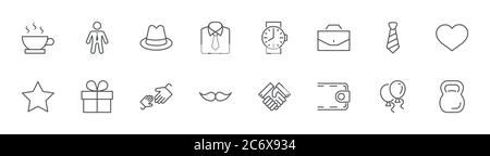 Icônes de la ligne de fête des pères. Moustache, cravate, chemise, chapeau, sac à main, cadeau. Contour modifiable Illustration de Vecteur