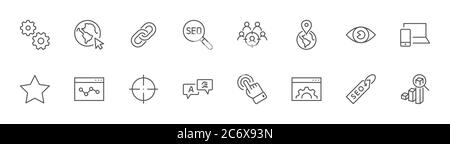 Icônes de ligne SEO. Icône Web, œil, Localisation, lien, traduire. Contour modifiable Illustration de Vecteur