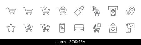 Panier ligne icônes argent guichet automatique, terminal, boutique de cadeaux. Contour modifiable Illustration de Vecteur