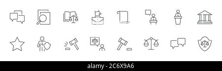 Icônes de la ligne de justice. Icônes comme arme, arrestation, autorité. Contour modifiable Illustration de Vecteur
