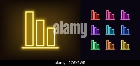 Icône de graphique de chute de néon. Symbole de diagramme de chute au néon brillant, diagramme à barres en bas dans des couleurs vives. Prévisions financières, réduire les résultats, tendance à la baisse. IC lumineux Illustration de Vecteur