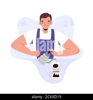 Jeune barista qui prépare le café, prépare le café à verser dans le café, illustration vectorielle plate, serveur de personnages de dessins animés portant un tablier, prépare Illustration de Vecteur