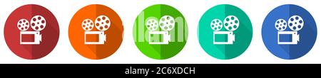 Ensemble d'icônes de film, boutons Web à motif plat rouge, bleu, vert et orange isolés sur fond blanc, illustration vectorielle Illustration de Vecteur