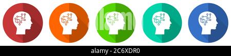Jeu d'icônes de tête humaine, cerveau, humain, circuit, rouge, bleu, vert et orange boutons de toile de conception plate isolés sur fond blanc, illustration vectorielle Illustration de Vecteur