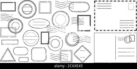 Lettre postale avec timbres-poste, affranchissement noir de forme diverse comme cercle, carré, losange isolé sur blanc Illustration de Vecteur