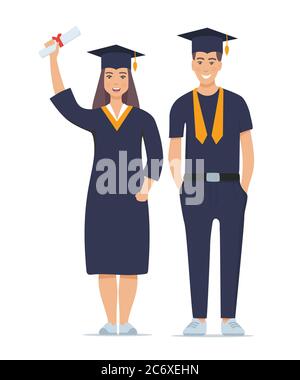 Couple de diplômés souriants et heureux avec diplômes. Homme et femme diplômé de l'université. Illustration vectorielle isolée sur blanc Illustration de Vecteur