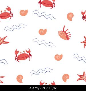 Motif sans couture avec joli crabe et coquillages. Illustration vectorielle. Illustration de Vecteur