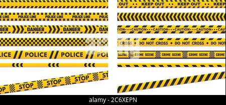 Attention, bandes de périmètre. Ligne de police pour les scènes de crime ou de danger. Noir et jaune ne pas croiser et ne pas sortir Illustration de Vecteur