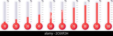 Thermomètres à différentes températures. Icône d'échelle météorologique définie avec divers indicateurs de pourcentage de niveau. Illustration de Vecteur