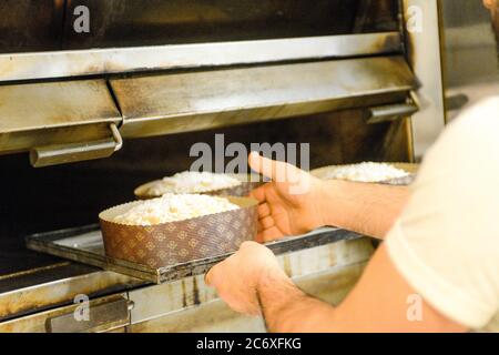 Cuisson d'un groupe de panettone italien gâteau de noël sucré dans four pro Banque D'Images