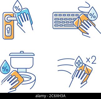 Nettoyage de surface jeu d'icônes de couleur RVB. Bouton de porte, clavier et désinfection de toilette avec des lingettes antibactériennes. Tâches de ménage. Vecteur isolé Illustration de Vecteur
