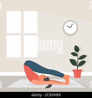 Yoga féminin à plat. Illustration vectorielle de la belle femme de dessin animé dans la posture de Halasana du Yoga. Concept Home Sports Illustration de Vecteur