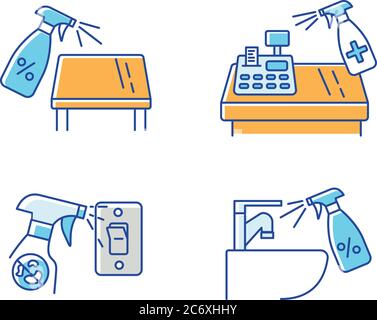Jeu d'icônes de couleur RVB pour la stérilisation à domicile. Comptoir d'atelier, robinet d'évier, interrupteur d'éclairage et désinfection de table. Ménage, règles d'hygiène. Vecteur I isolé Illustration de Vecteur