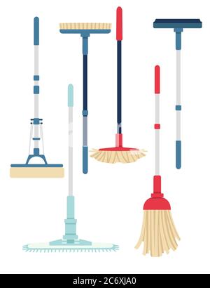 Ensemble de balais de nettoyage moderne en plastique doit avoir des outils illustration vectorielle plate isolée sur fond blanc Illustration de Vecteur