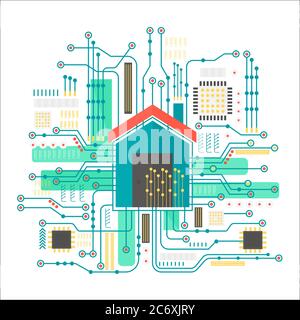 Concept Vector Smart Home. Une maison intelligente dans les sentiers de puces d'arrière-plan futuriste. Technologie de l'Internet des objets Illustration de Vecteur