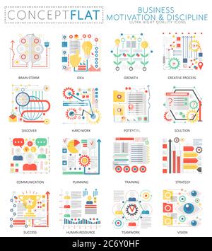 Infographics mini concept Business motivation icônes pour le Web. Couleur de qualité supérieure conception plate conceptuel web graphiques éléments icônes. Concepts de discipline de motivation d'entreprise Illustration de Vecteur