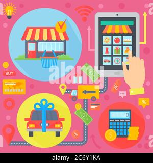 Icônes de modèle d'infographies de shopping en ligne, marketing mobile et marketing numérique dans la conception de cercles, en-tête Web icônes de commerce électronique. Achat de voiture. Illustration vectorielle Illustration de Vecteur