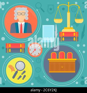 Concept de conception de droit et de justice avec juge, balance et tribunal de la Cour de droit modèles d'icônes en cercles design, éléments web, bannière d'affiche, illustration vectorielle Illustration de Vecteur